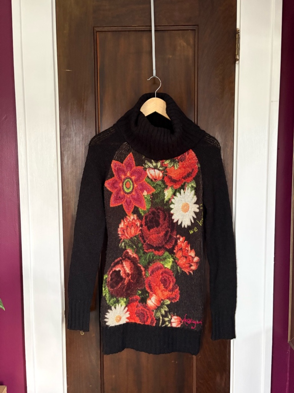 Desigual Black Sweater with Red and Green Floral